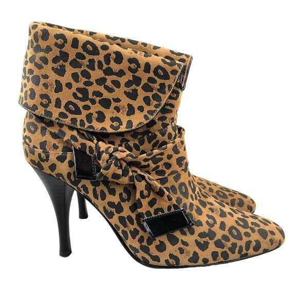 Colin Stuart Women's 8B Leopard Print Suede Bow Slouch Folded Shaft Booties - Picture 1 of 12